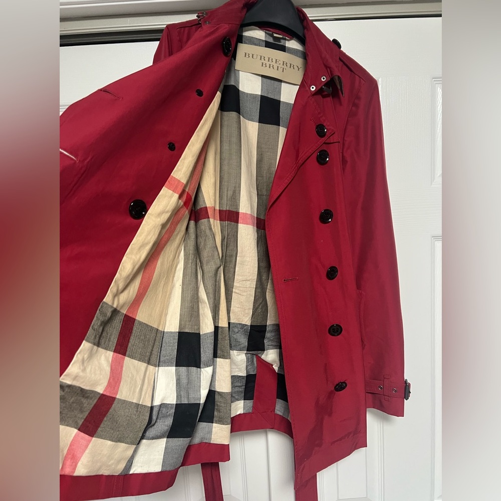Burberry Brit red cotton blend double breasted trench coat alizarin crimson 8 - Picture 10 of 16